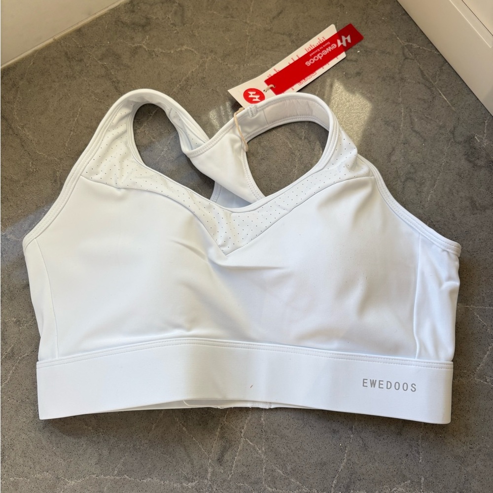 Ewedoos White High Support Sports Bra Size Large NWT Racerback